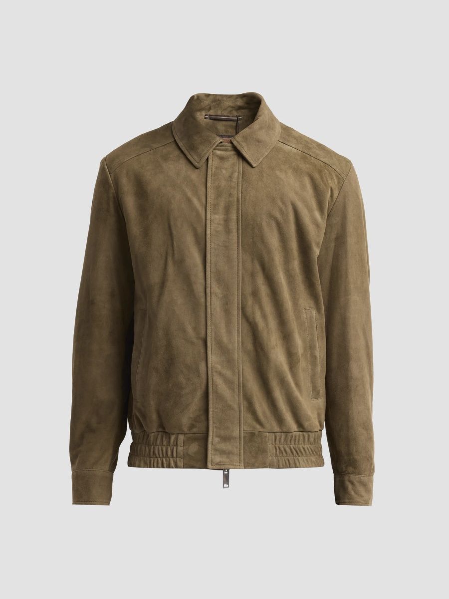 Slowear Men's Suede Bomber Jacket - Medium Green - Size 36