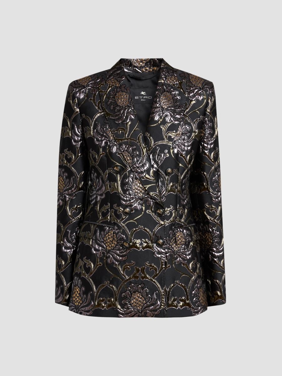 Etro Women's Metallic Jacquard Double-Breasted Jacket - Multicolor Black Base - Size 8