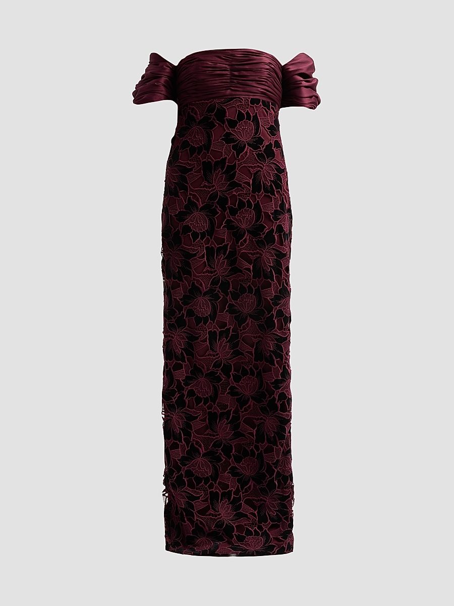 Women's Floral Guipure Off-the-Shoulder Gown - Wine - Size 0