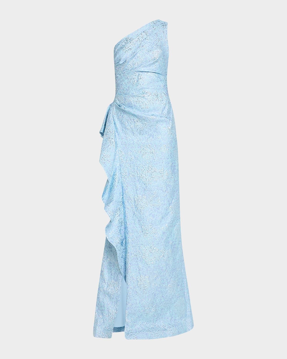 One-Shoulder Jacquard Side-Ruffle Gown