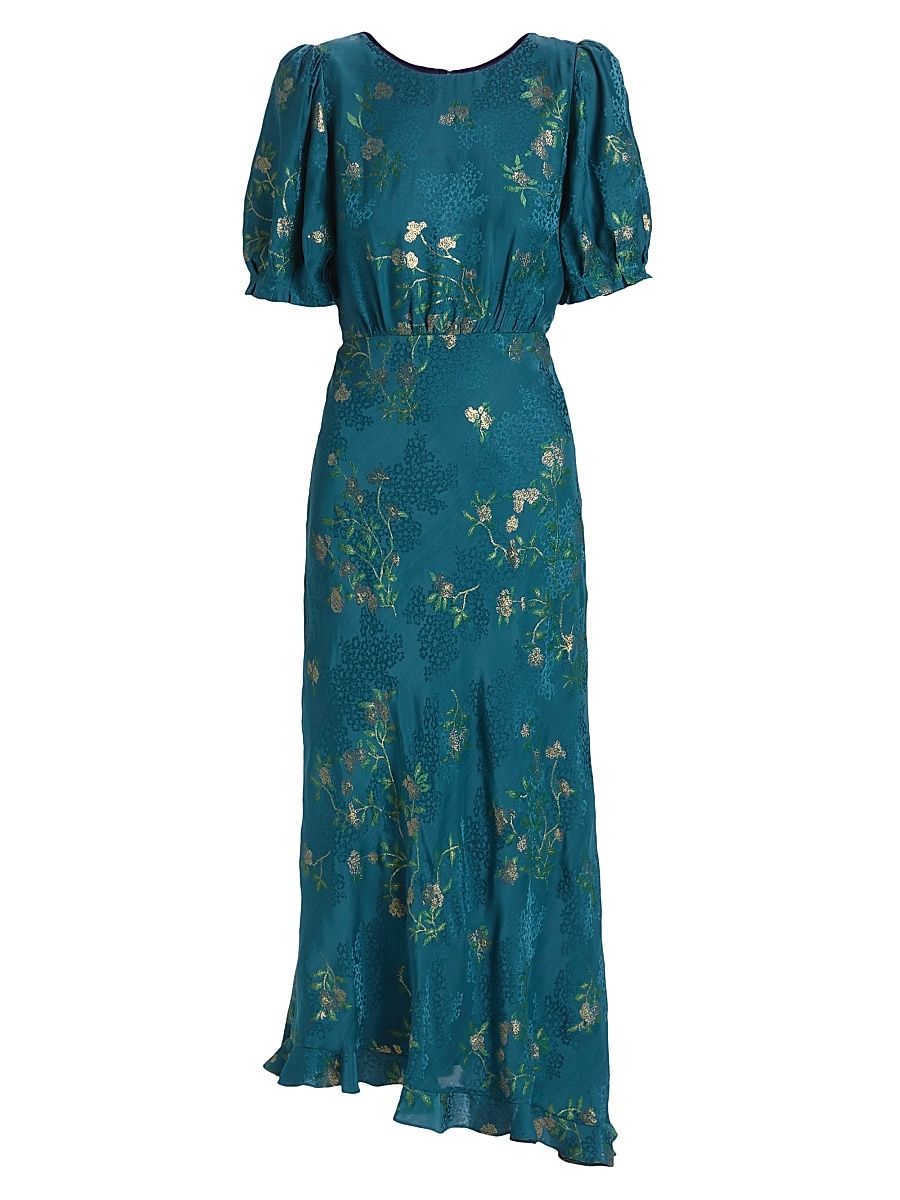 Women's Vida Floral Silk-Blend Midi-Dress - Deep Blue Gold - Size 6
