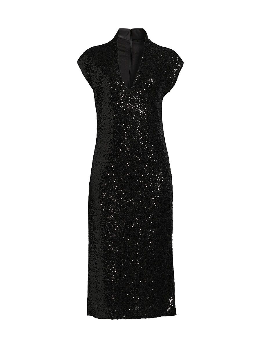 Women's Sequined V-Neck Midi-Dress - Black - Size 8