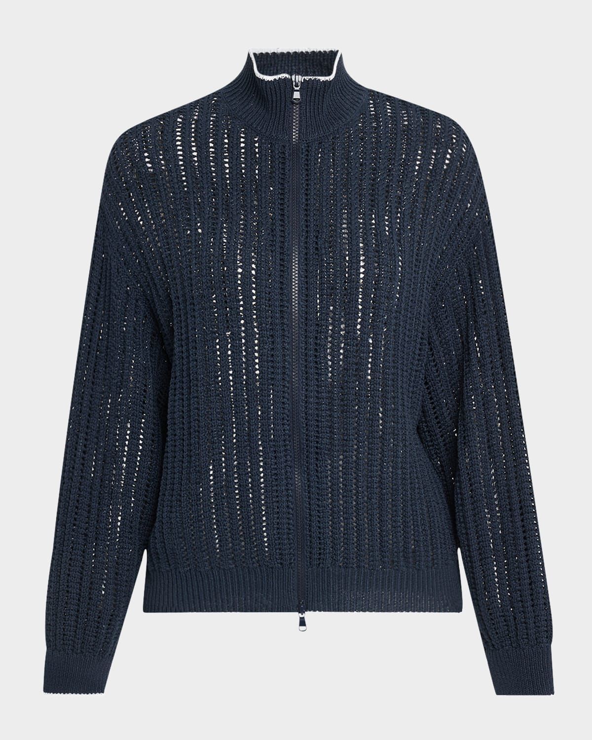 Cotton Open-Knit Zip Cardigan