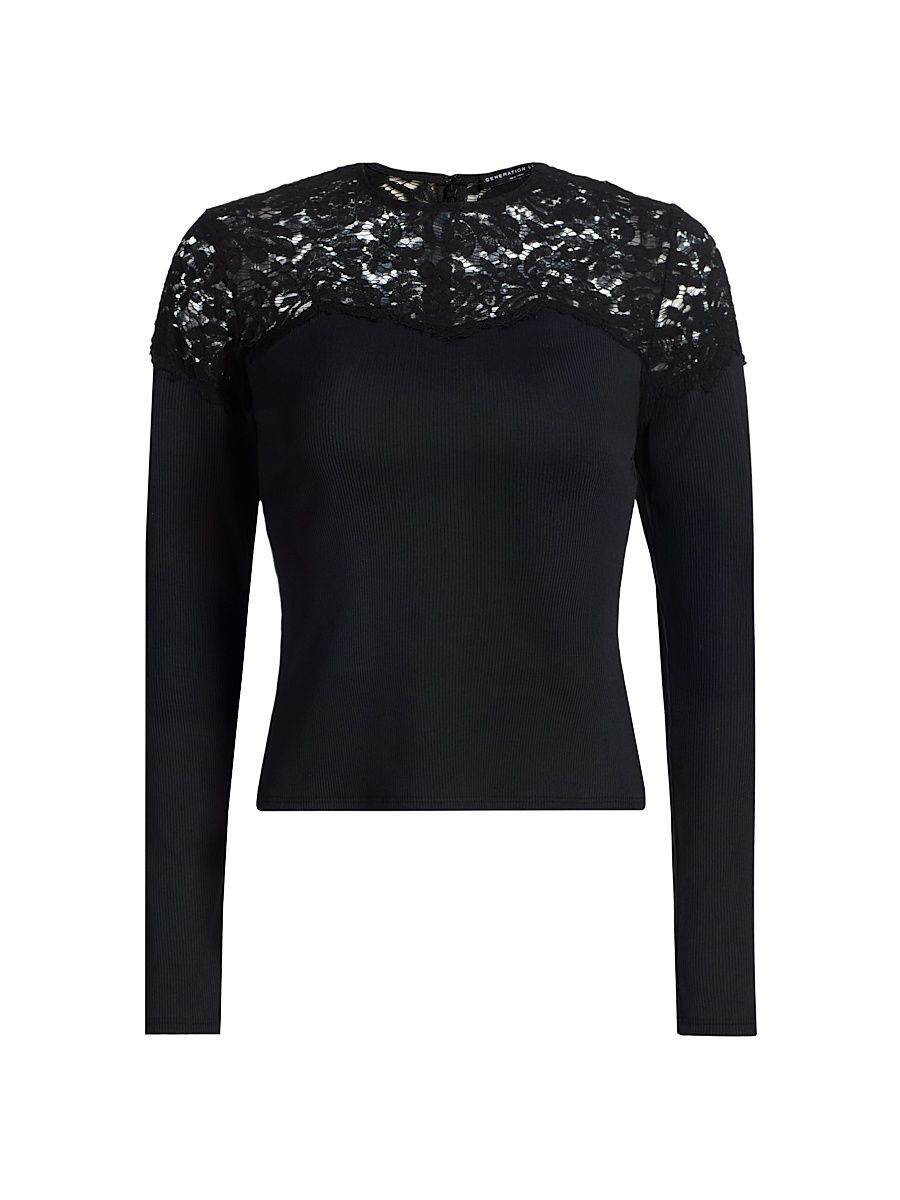 Women's Ona Lace Combo Crewneck Top - Black - Size Large