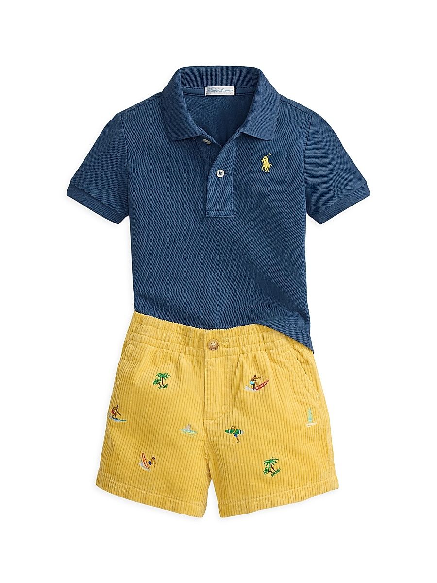 Baby Boy's Mesh Polo Shirt & Embroidered Corduroy Shorts Set - Clancy Blue - Size 9 Months