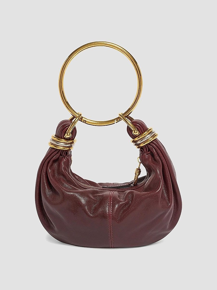 Women's Mini Bracelet Leather Hobo Bag - Dark Red
