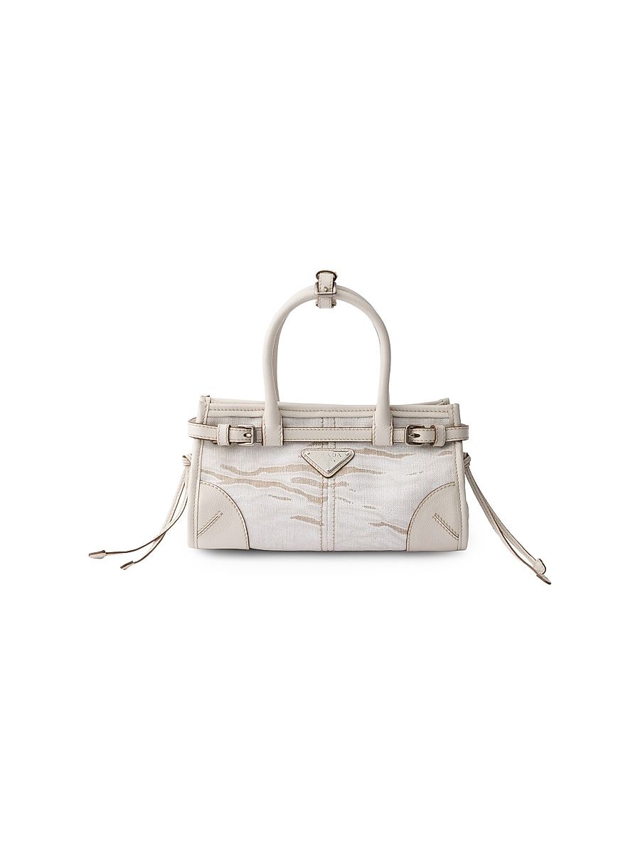 Women's Bonnie Small Printed Linen and Leather Top Handle Bag - White
