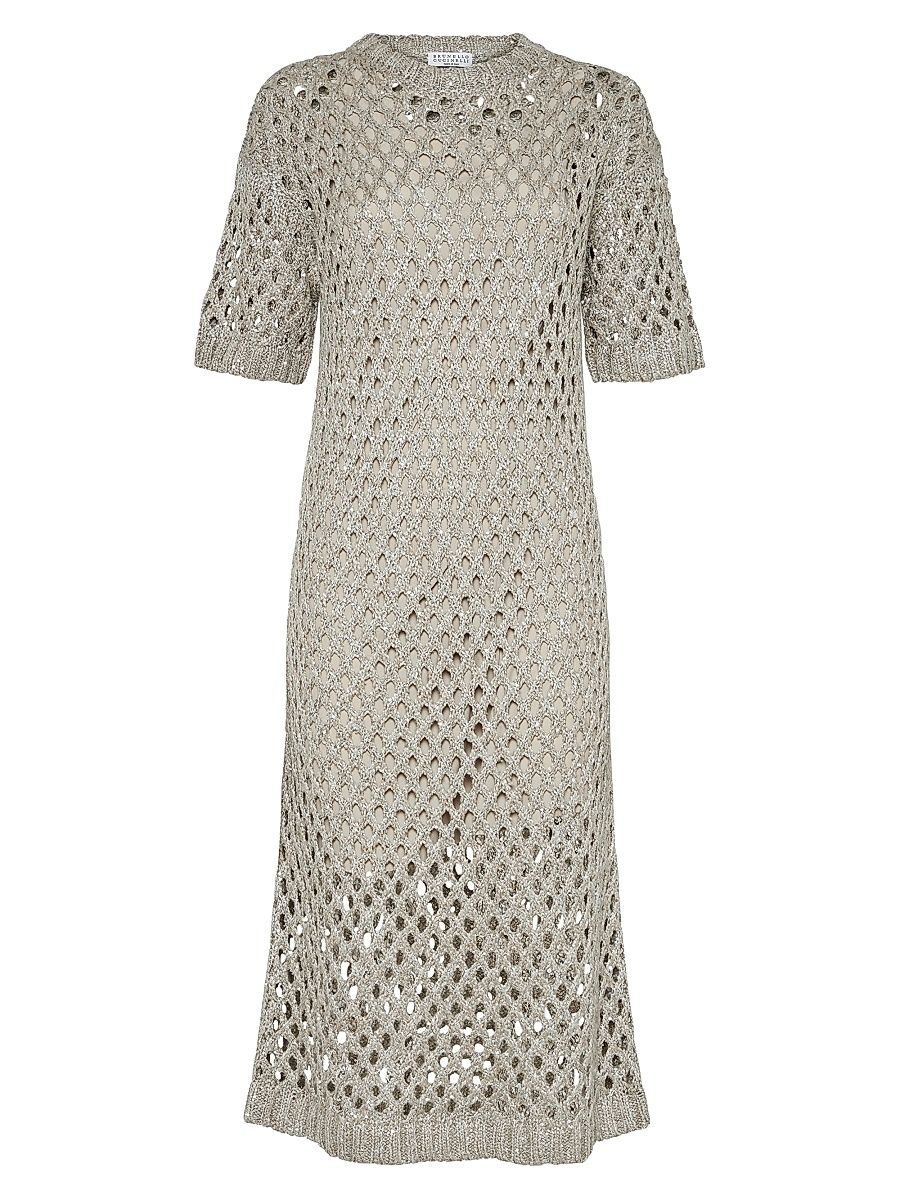 Women's Silk and Linen Dazzling Net Knit Dress - Cool Beige - Size XXS