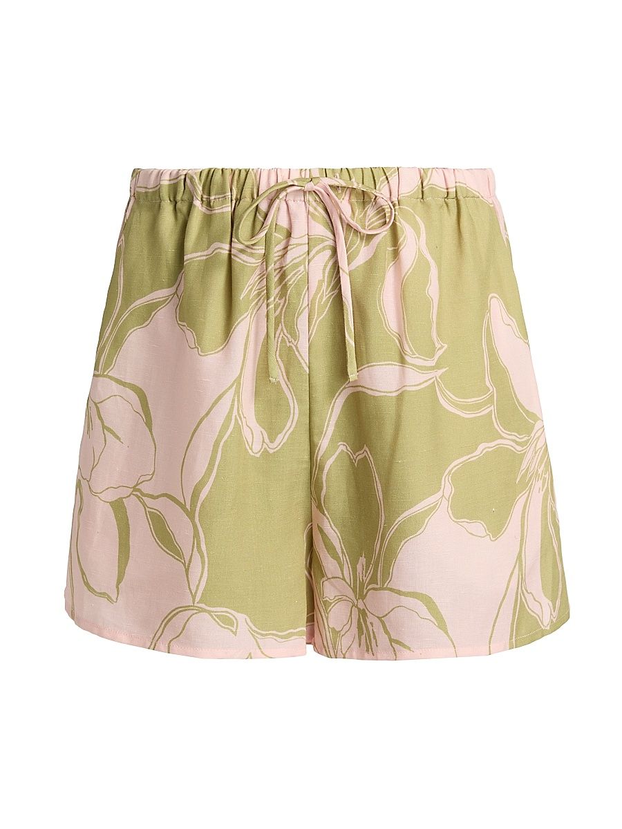 Women's Asher Linen-Blend Shorts - Olive Flora - Size XL
