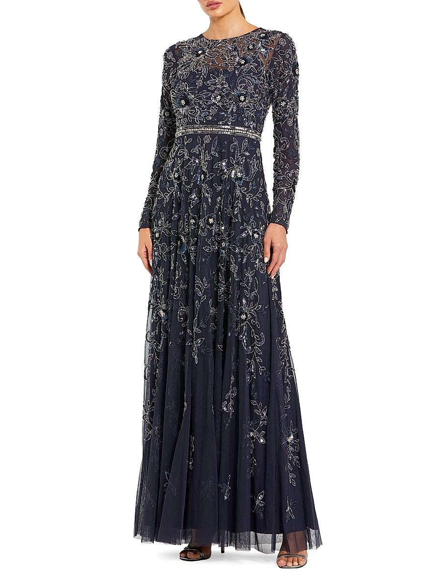 Women's Floral-Embellished Mesh A-Line Gown - Midnight - Size 24