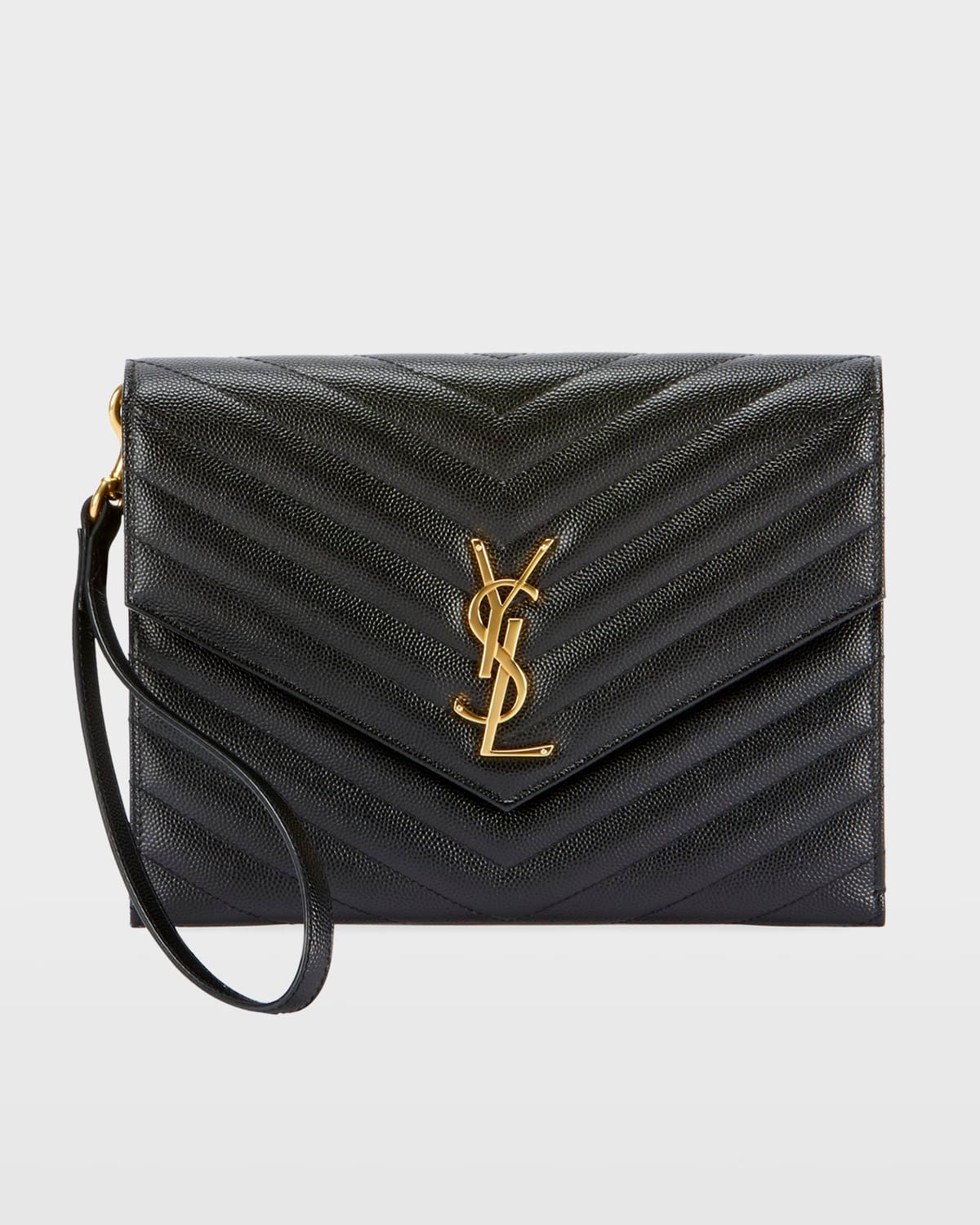 YSL Monogram Flap Clutch Bag in Grained Leather