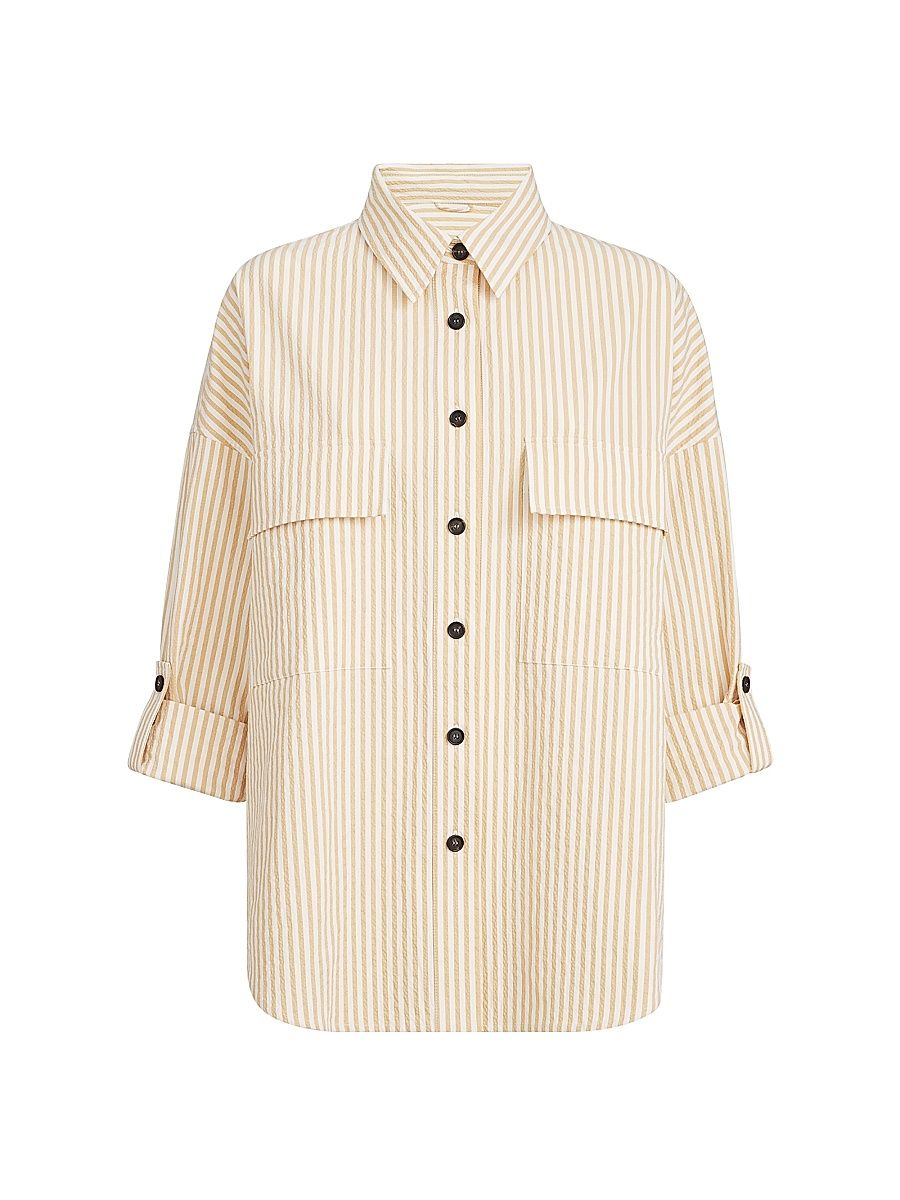 Women's Techno Cotton Striped Seersucker Shirt with Monili - Yellow - Size Large