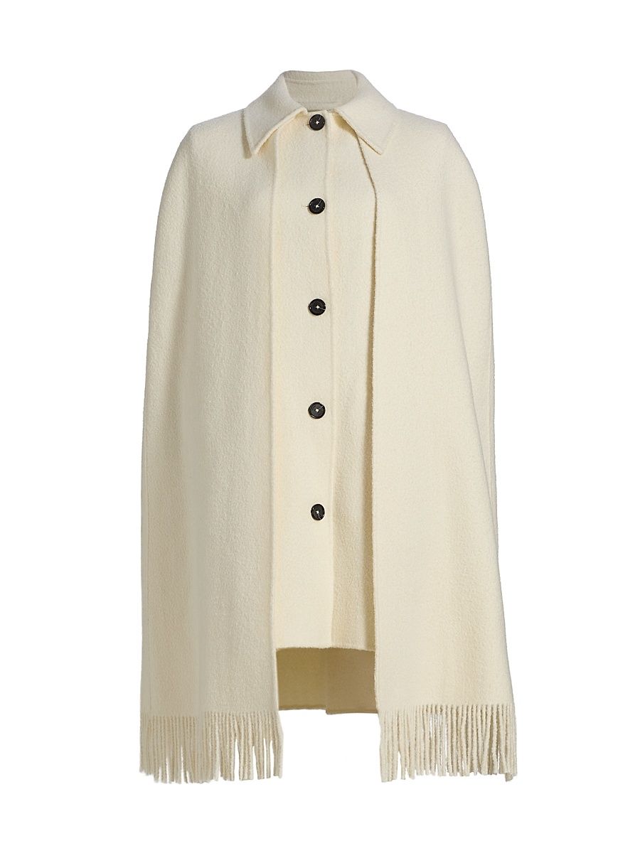Women's Fringe Bouclé Wool Cape Coat - Winter White - Size 10