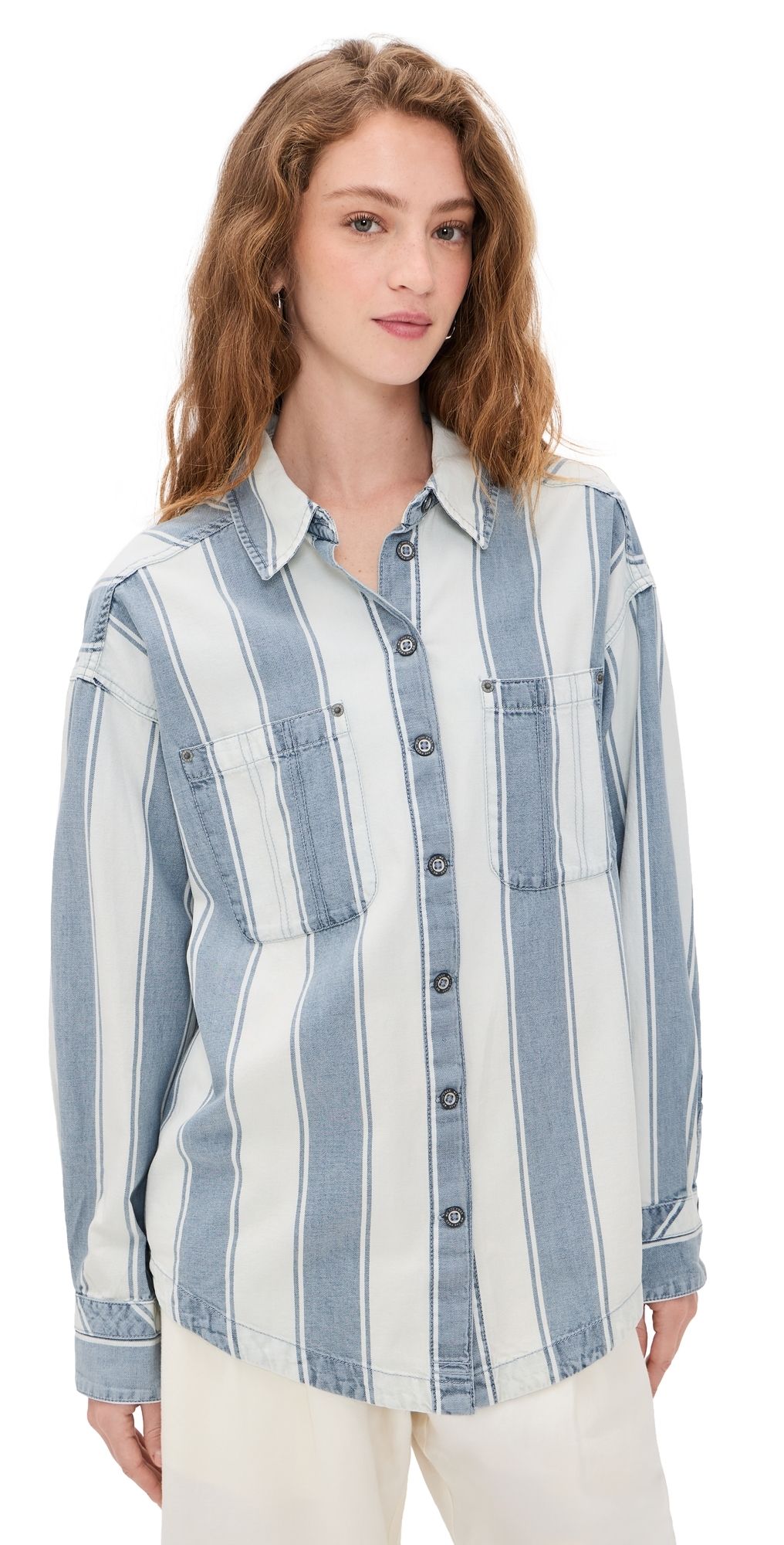 Free People Crossroads Striped Button Down Shirt Indigo Combo S
