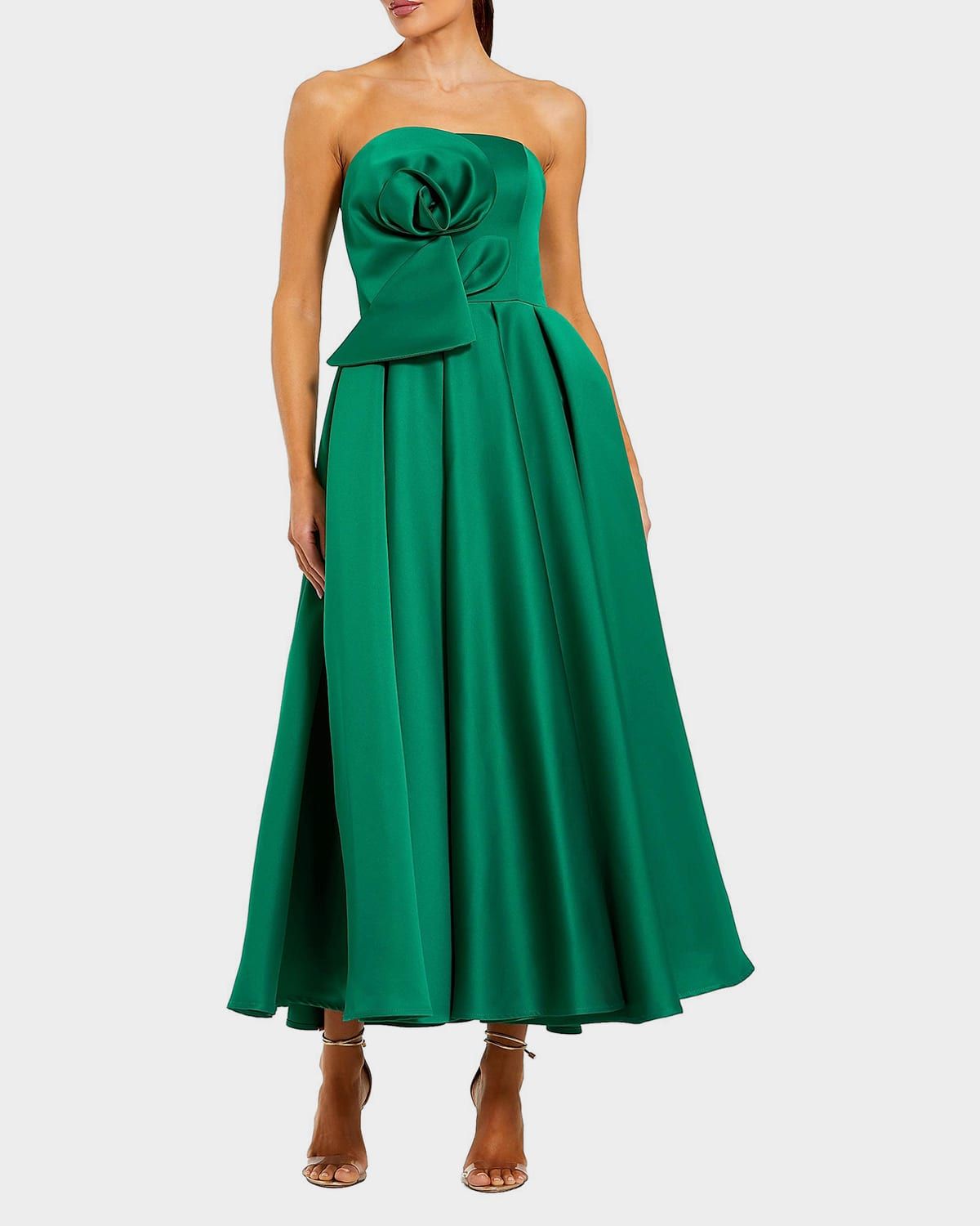 Rosette-Embellished Strapless Satin Midi Dress