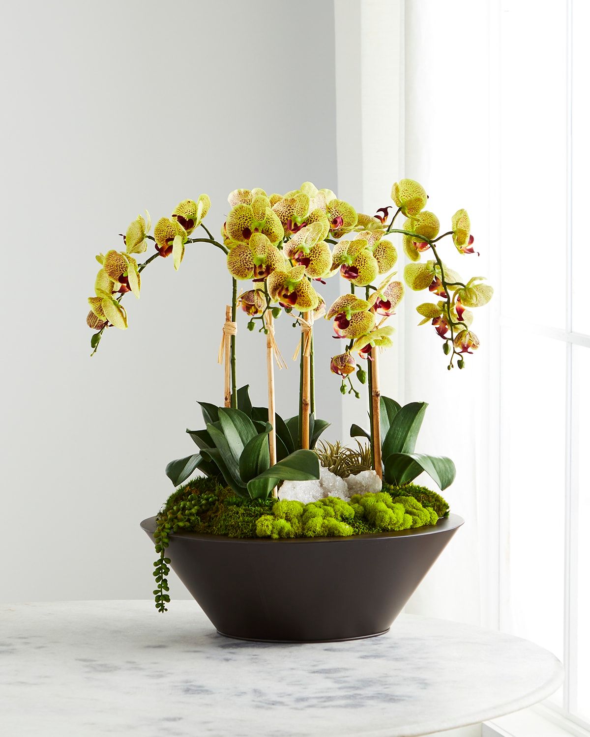 Orchids & Geode in Round Metal Container
