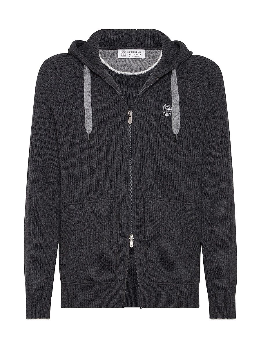 Men's Cashmere English Rib Knit Hooded Sweatshirt - Charcoal - Size XS