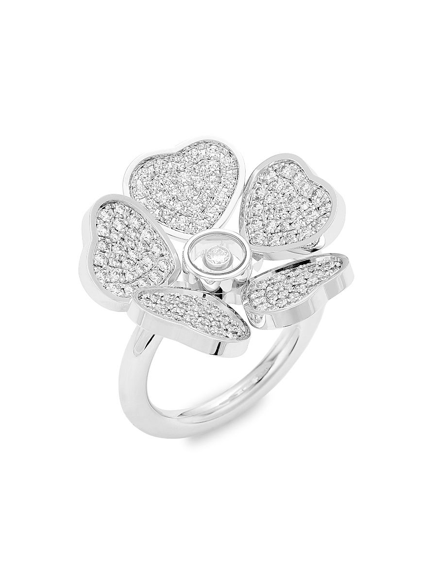 Women's Happy Hearts Flowers 18K White Gold & Diamond Ring - White Gold - Size 6.5