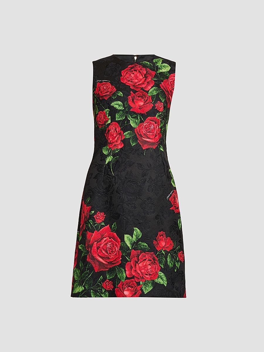 Women's Floral Jacquard Crewneck Mini Dress - Rose Rosse Nero - Size 0