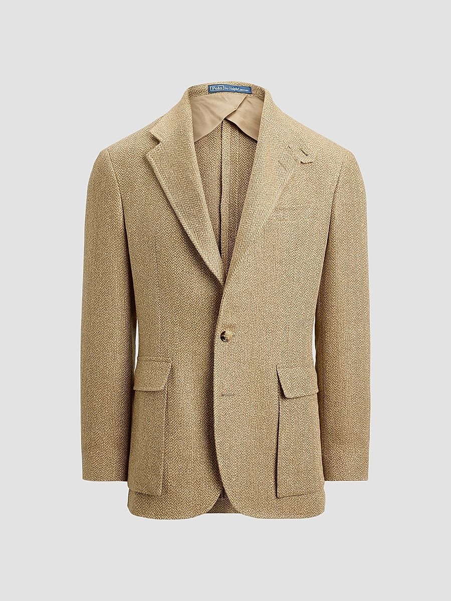 Men's Herringbone Single-Breasted Sport Jacket - Tan - Size 46