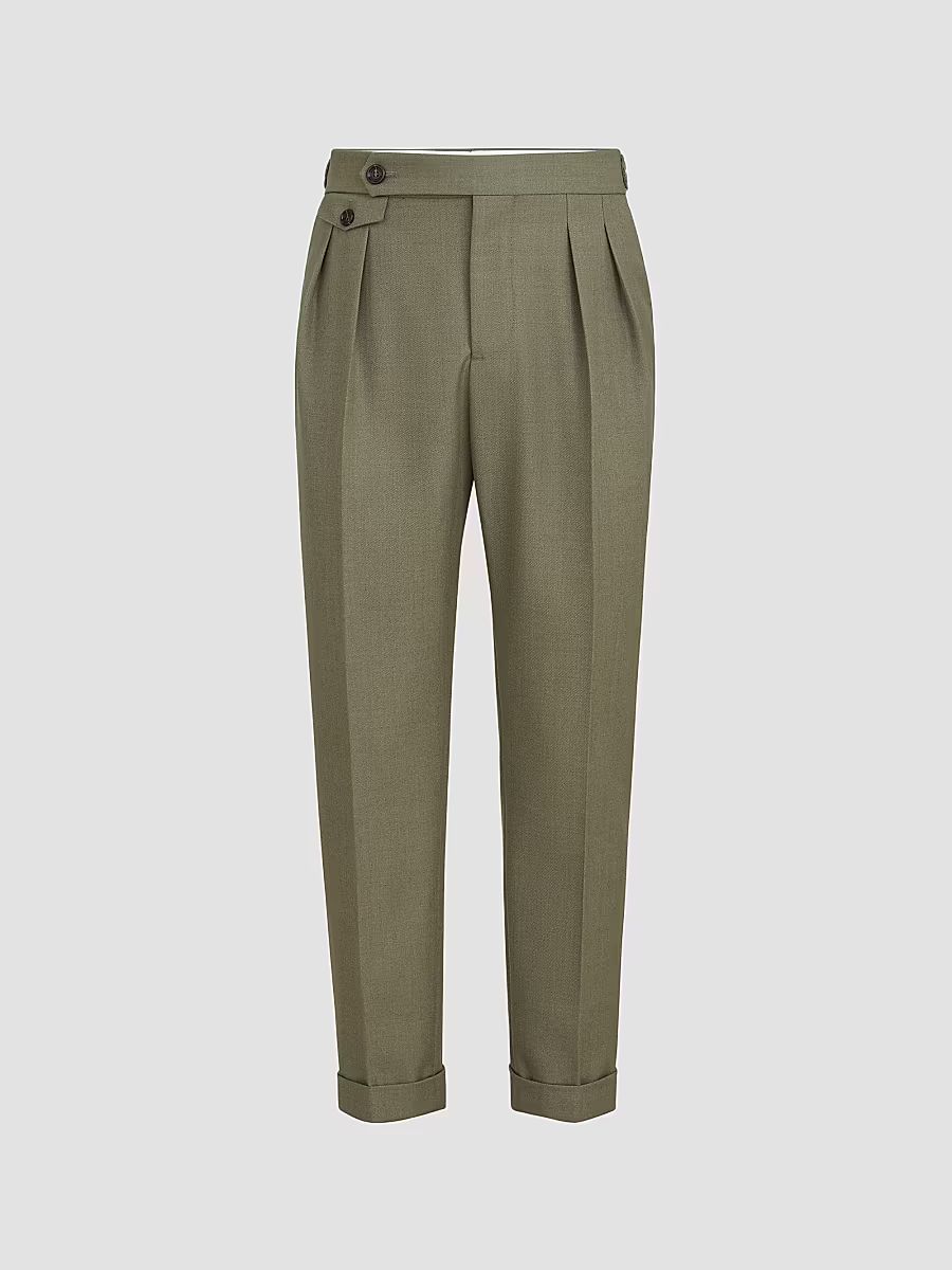 Men's Virgin Wool Diagonal Trousers with Reversed Double Pleats - Military - Size 48