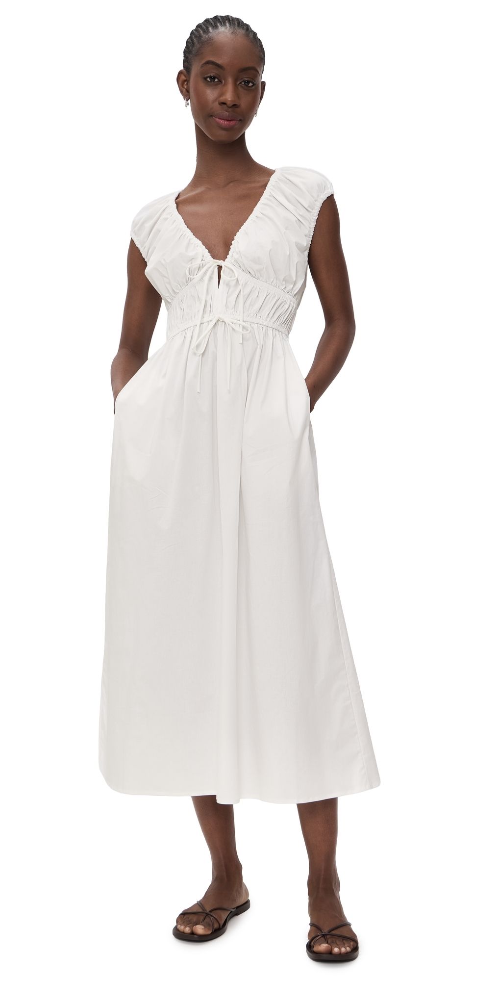 WAYF Liv Ruched Midi Dress Ivory L