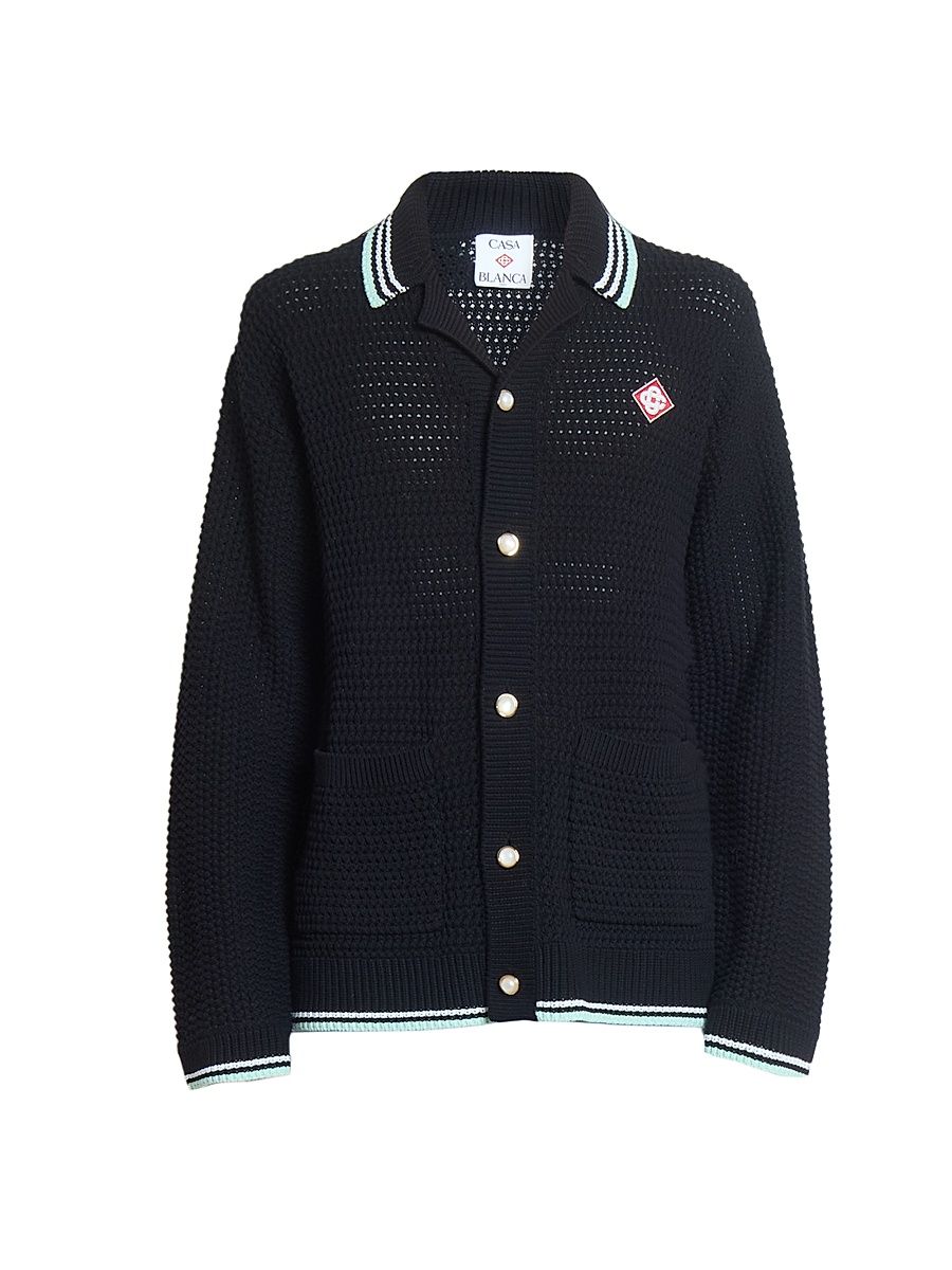 Men's Embroidered Faux Crochet Camp Shirt - Cotton - Size Medium