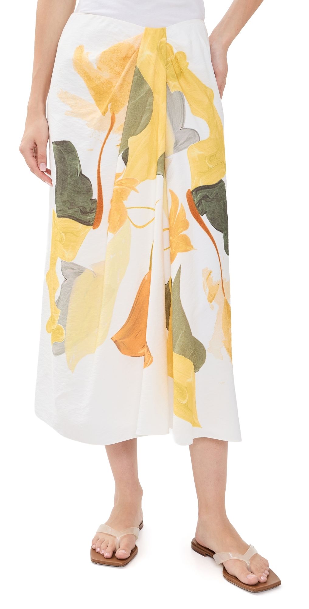 Vince Painted Abstract Floral Draped Skirt Off White/Sun 2