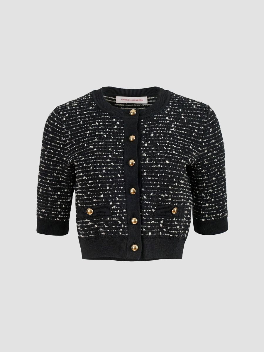 Carolina Herrera Women's Bouclé-Knit Crewneck Crop Cardigan - Black Ivory - Size XL