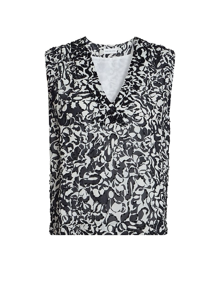 Women's College Embellished Abstract V-Neck Top - Black - Size 12
