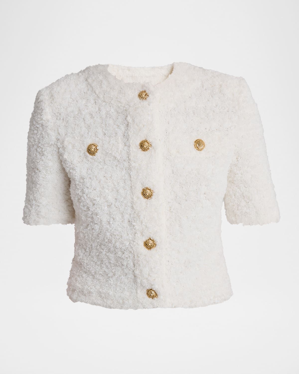 Strong-Shoulder Fuzzy Knit Cardigan