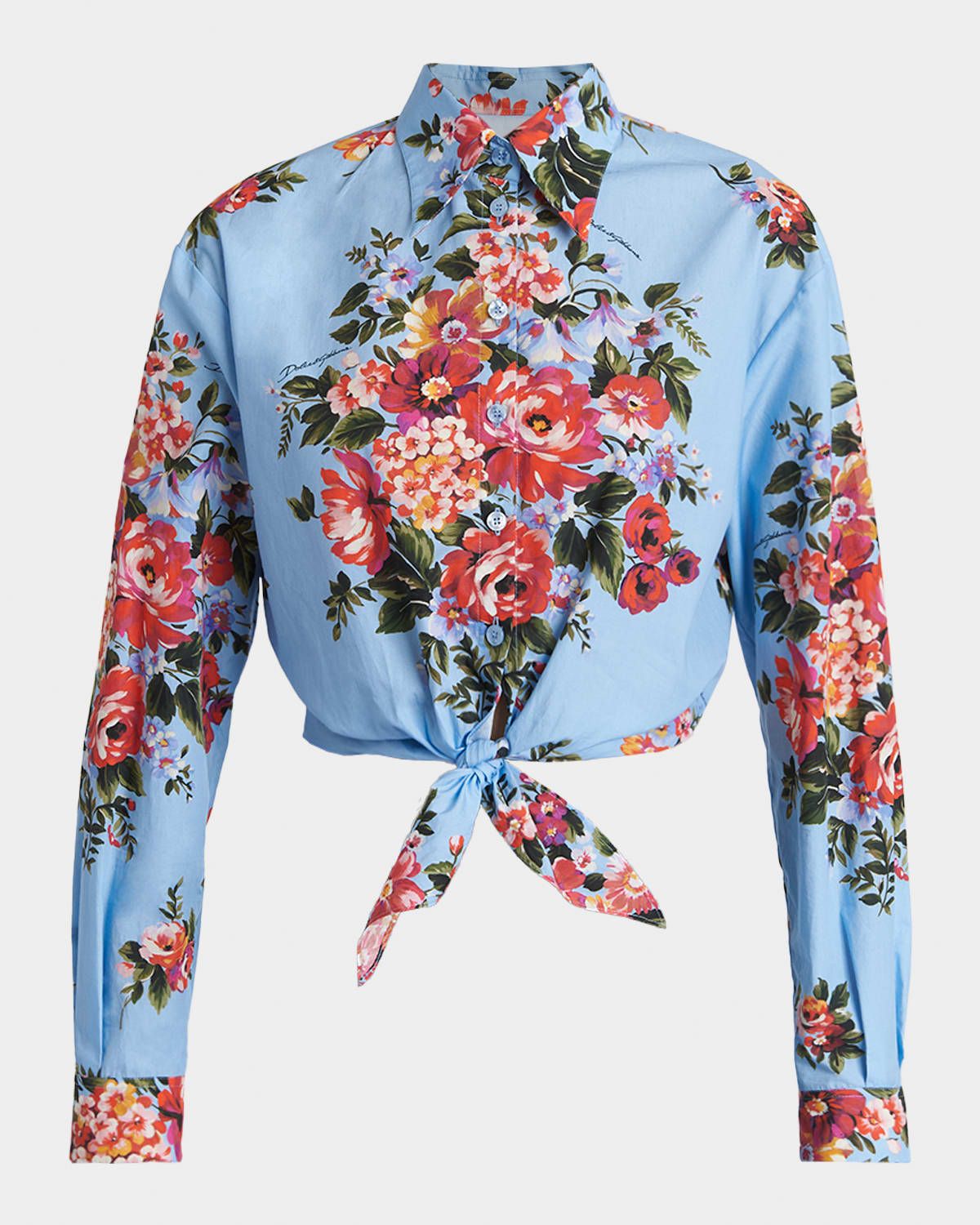 Floral-Print Knotted Crop Button-Down Shirt
