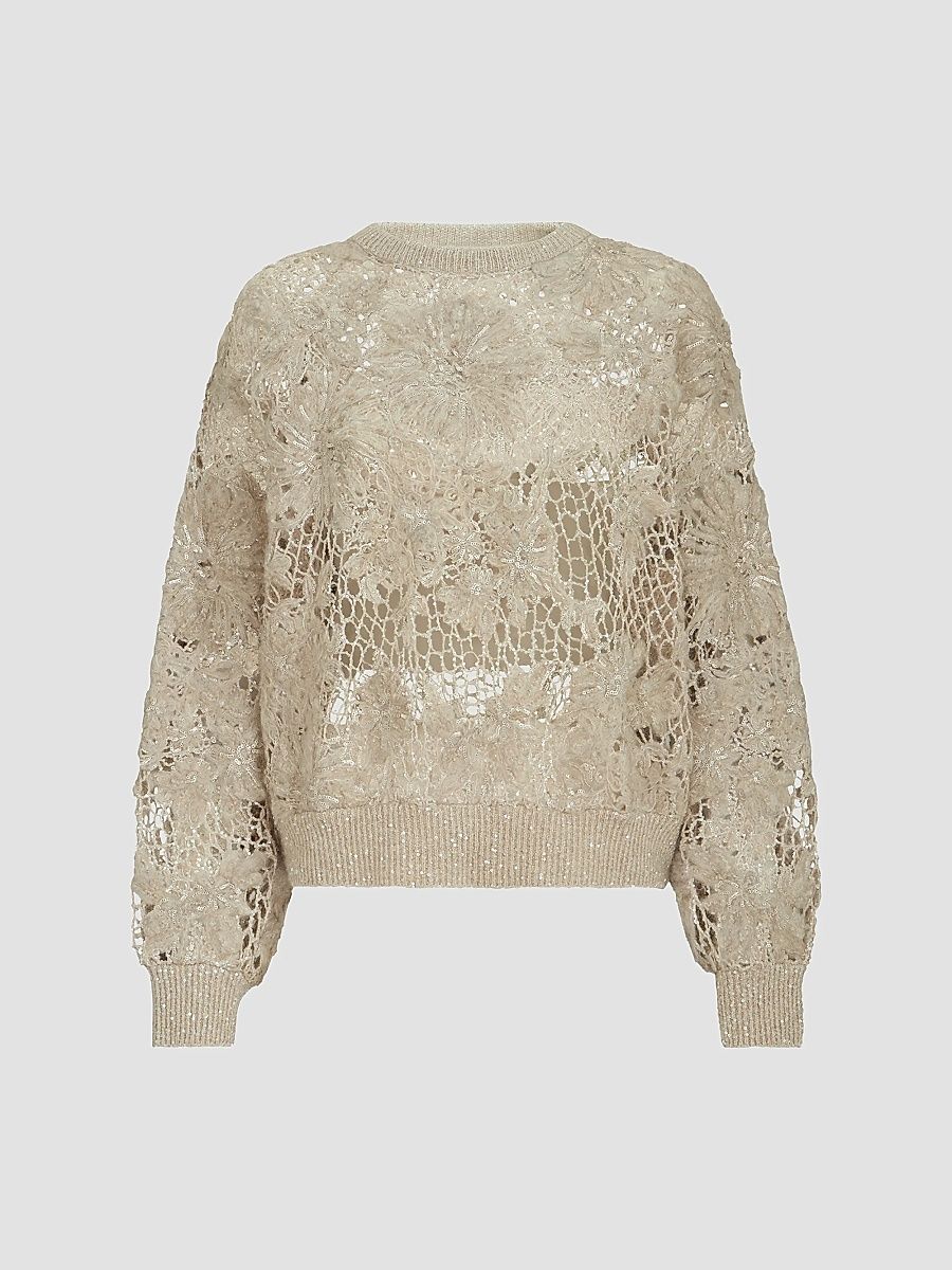 Women's Whispering Bloom Embroidery Sweater in Sparkling Mohair and Wool - Sand - Size Large