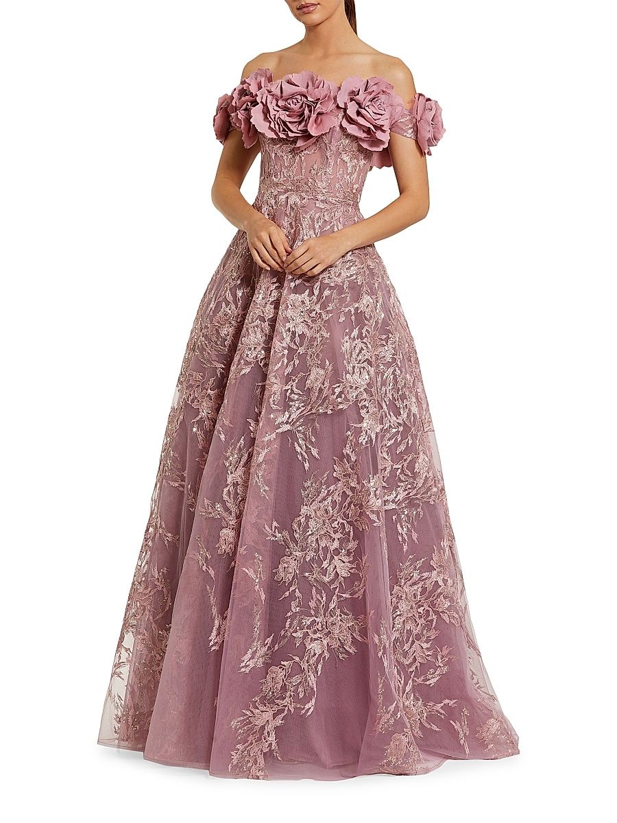 Women's Sequin-Embroidered Off-The-Shoulder A-Line Gown - Mauve - Size 14