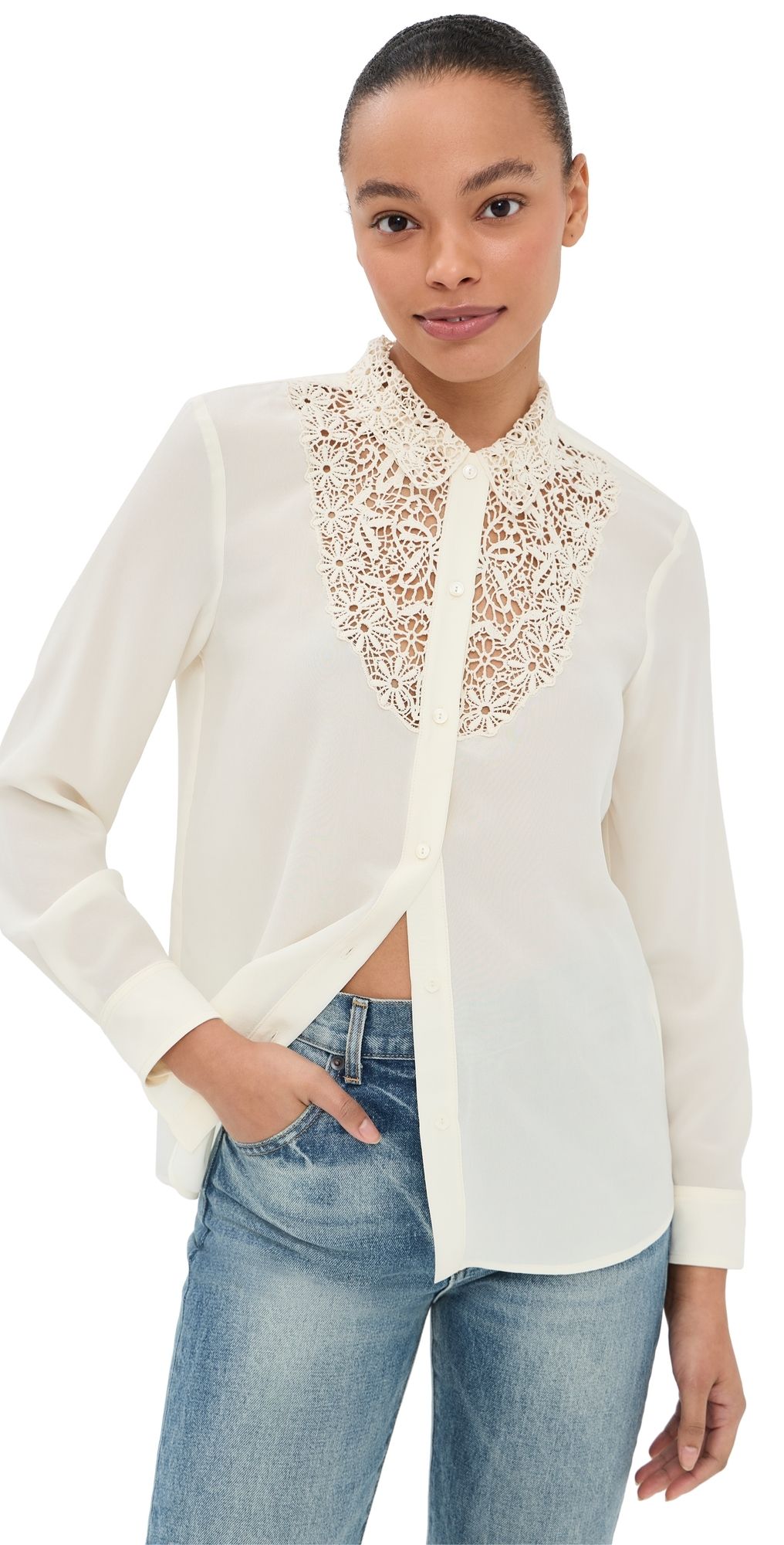 Nili Lotan Zola Lace Silk Shirt Ivory S