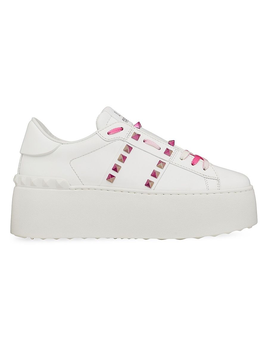 Women's Flatform Rockstud Untitled Calfskin Sneakers with Multicolored Studs - White Pink Pp - Size 7.5