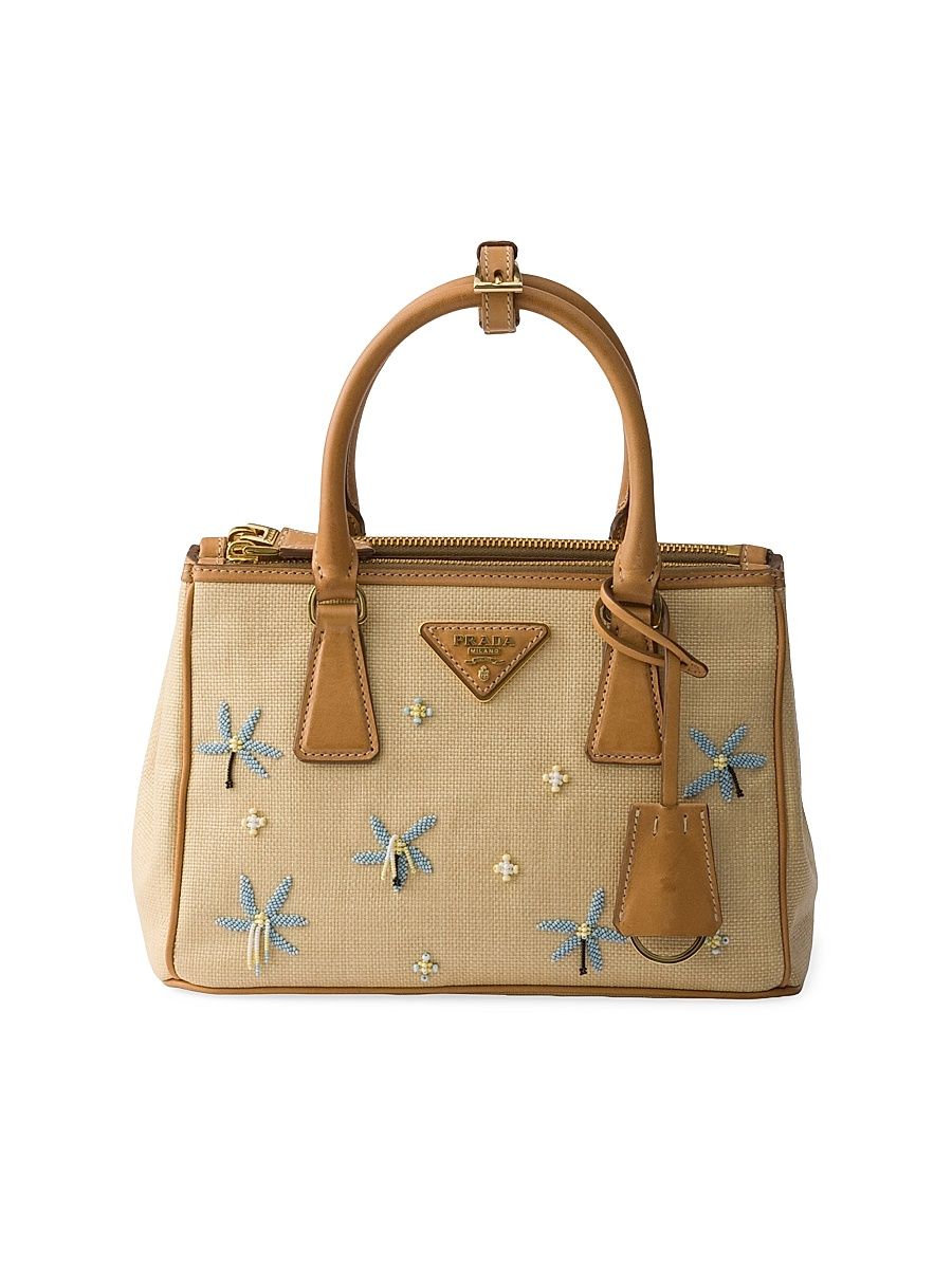 Women's Galleria Small Canvas and Leather Embroidered Top Handle Bag - Beige Khaki