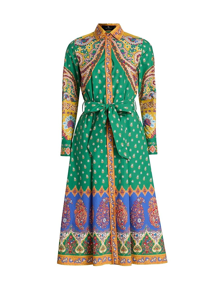 Women's Printed Cotton Belted Shirtdress - Stampa Verde - Size 12