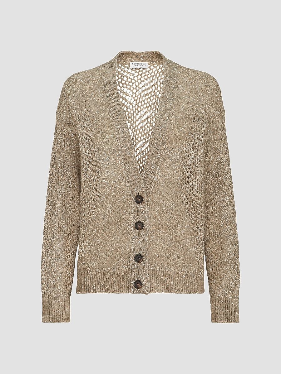 Women's Dazzling Abstract Leaf Cardigan in Mohair and Wool - Light Brown - Size XXL