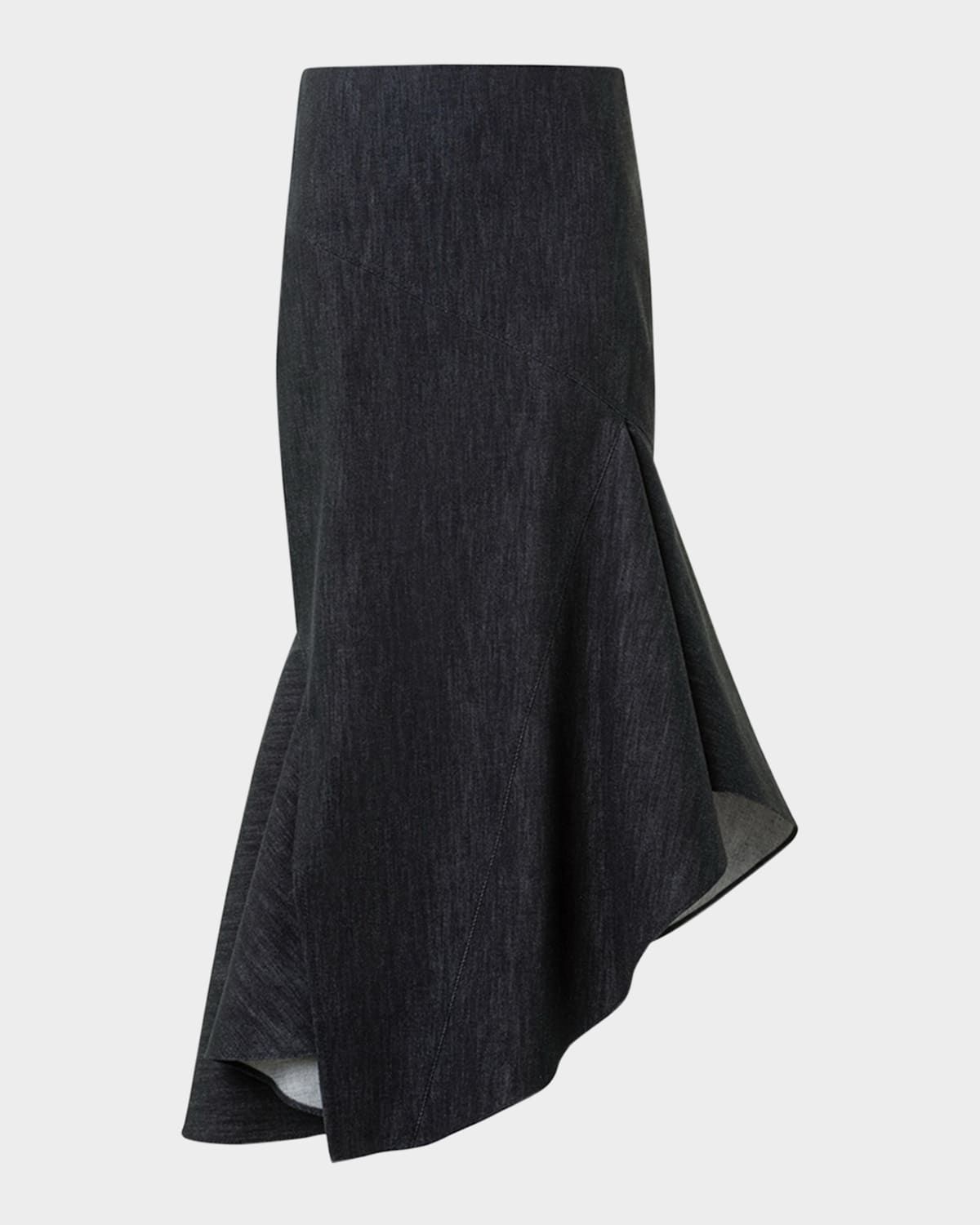 Asymmetric Flared-Hem Stretch Denim Midi Skirt