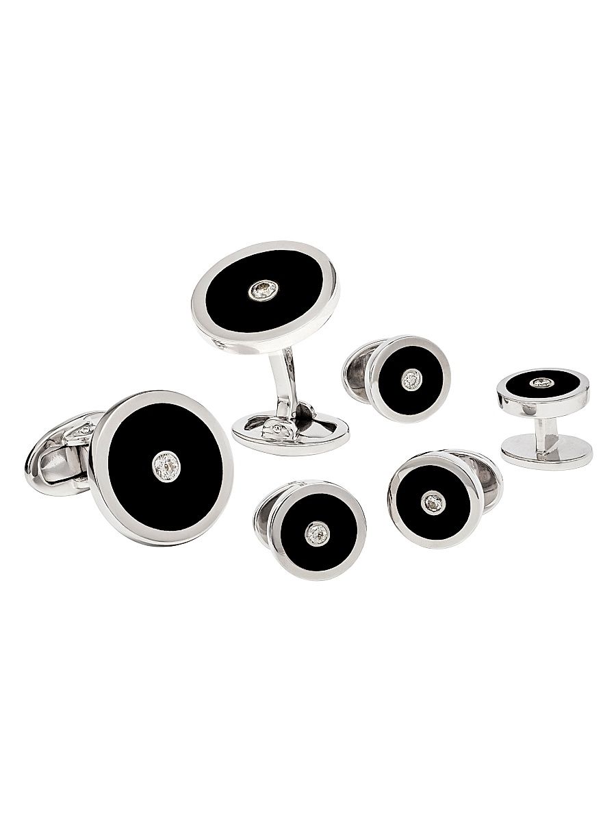 Men's Round Sterling Silver, Black Onyx & 0.50 TCW Diamond Cufflinks & Tuxedo Stud Set - Black