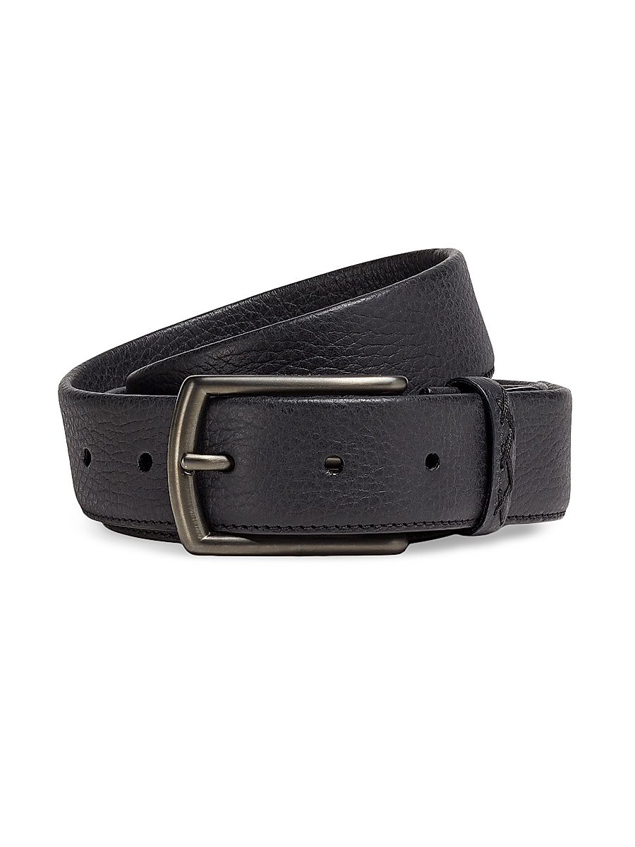 Men's Leather Belt with Triple Stitch Buckle - Black - Size 44