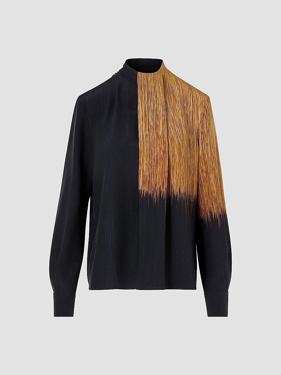 Women's Abstract Print Silk Draped Blouse - Black Vicuna - Size 12