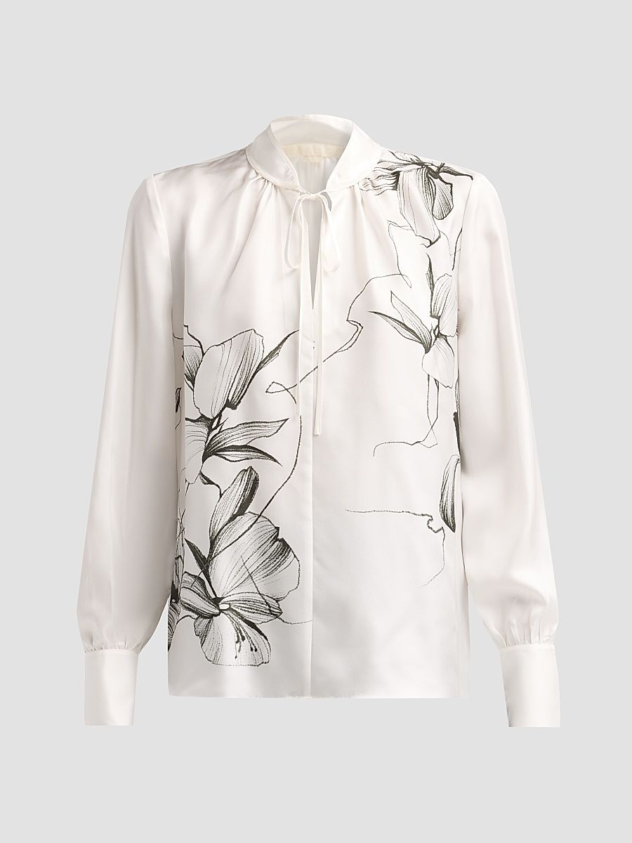 Women's Shadow Floral Silk Twill Tieneck Blouse - Chalk Hunter Green Multi - Size 14