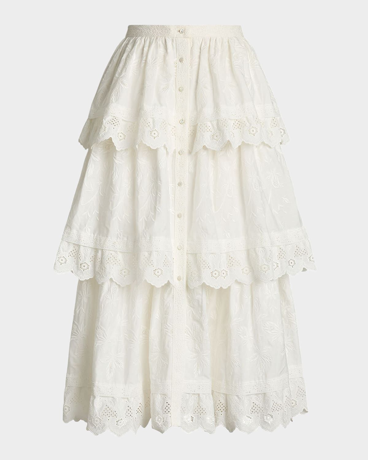 Caitlin Tiered Embroidered Cotton Poplin Midi Skirt