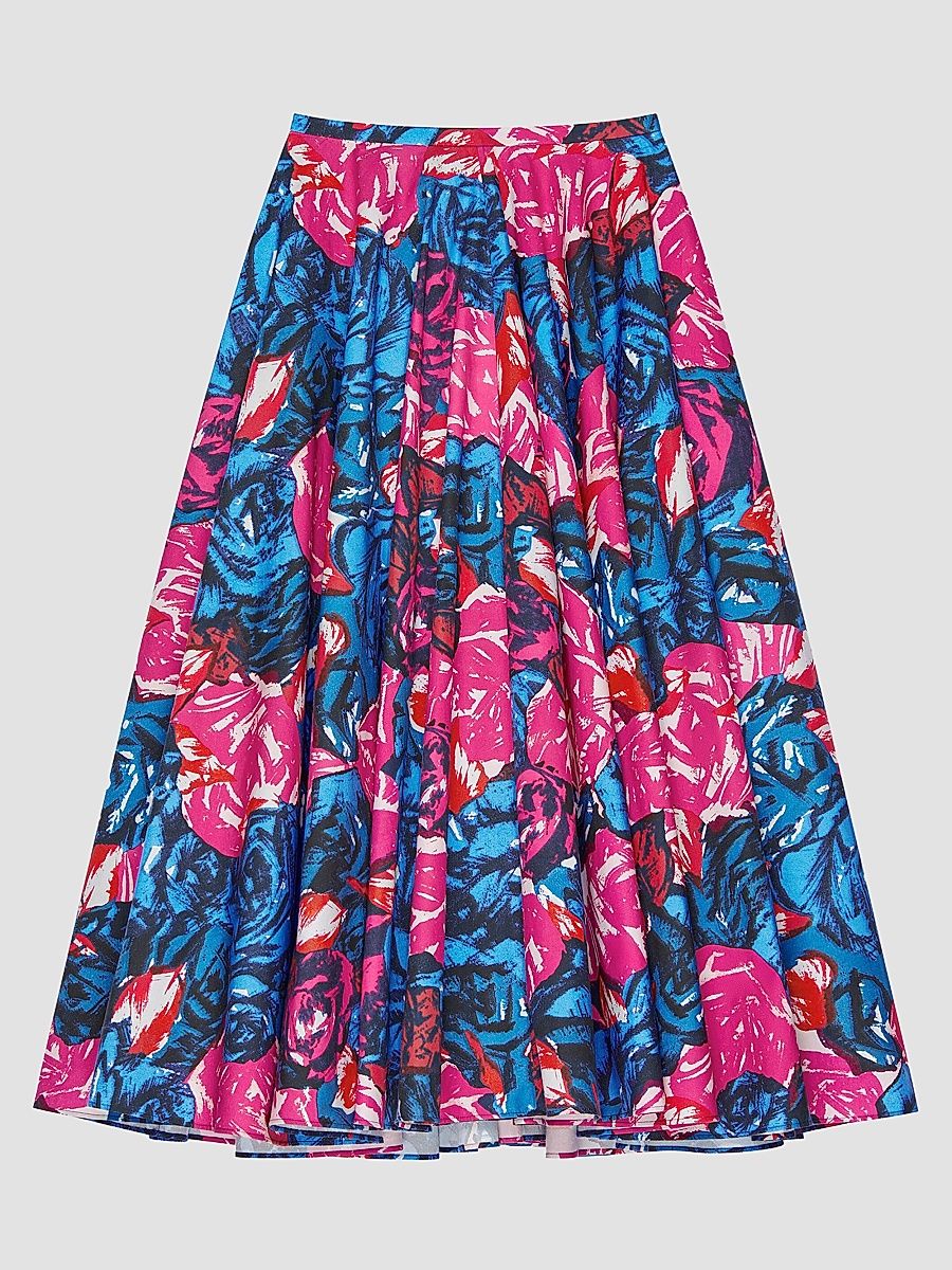 Givenchy Women's Long Circular Skirt in Poplin with Floral Print - Royal Blue - Size 12