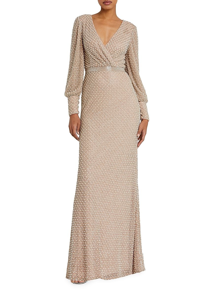 Women's Pearl-Embellished Long-Sleeve Gown - Ivory Beige - Size 16
