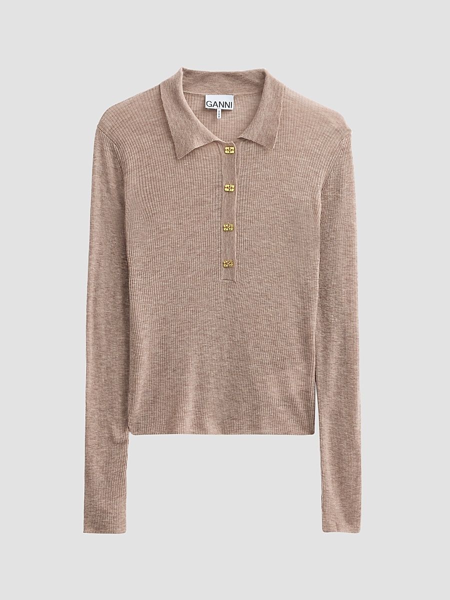 Women's Sheer Wool Ribbed Polo Sweater - Safari - Size XL
