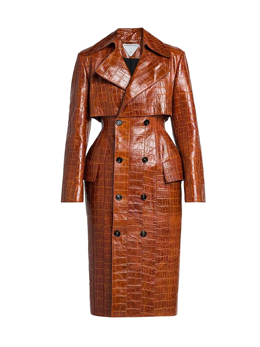 Women's Double-Breasted Croc-Embossed Leather Coat - Burnt Orange - Size 6