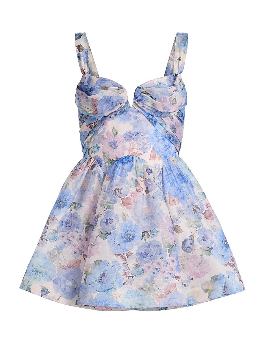 Women's Rebellion Floral Linen & Silk Sweetheart Minidress - Sky Bloom - Size 10